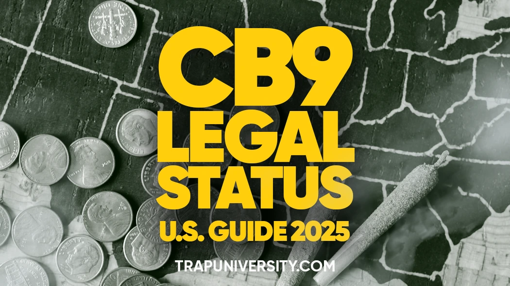 Map of the United States with coins and a rolled product, overlaid with bold yellow text stating "CB9 Legal Status – U.S. Guide 2025."
