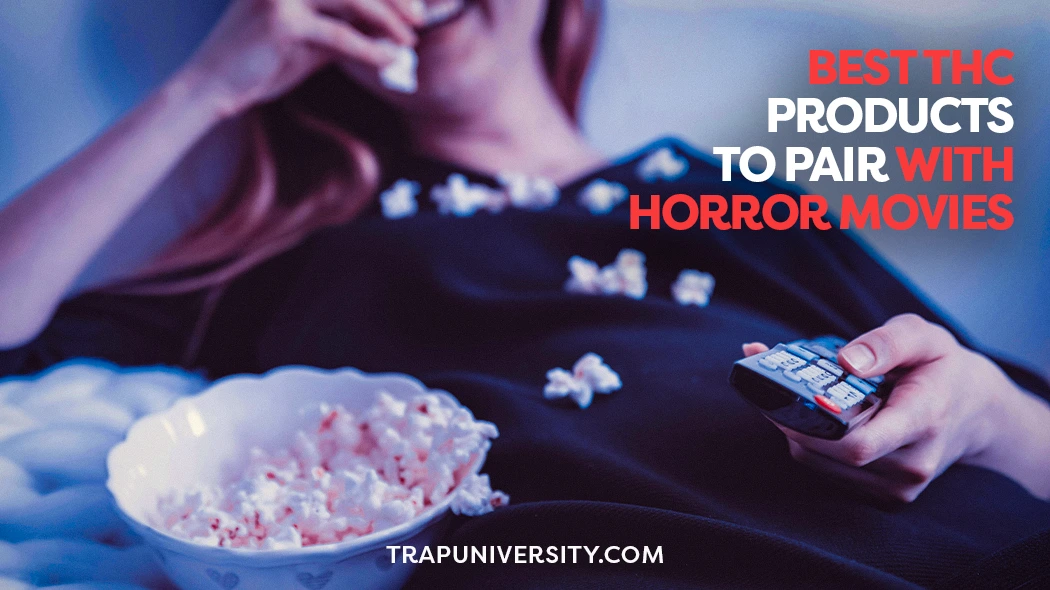 Person watching a horror movie with popcorn showing the best THC products to pair with horror movies