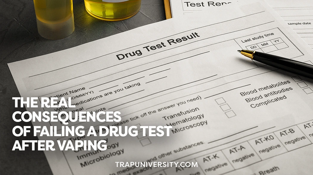 Drug test paperwork and urine samples showing the risks of failing a drug test after vaping