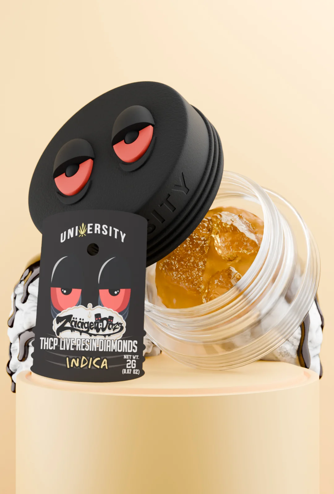 trap-university -Zaagendaaz THCP Live Resin Diamonds Indica 2g Zaagendaaz THCP Live Resin Diamonds 2G jar with golden concentrate, exotic indica strain