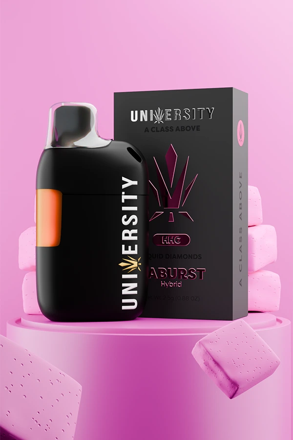 trap-university-zaburstz-hhc-vape-2.5-g Zaburst HHC vape Liquid Diamonds. Hybrid, with bold pink packaging and marshmallow background