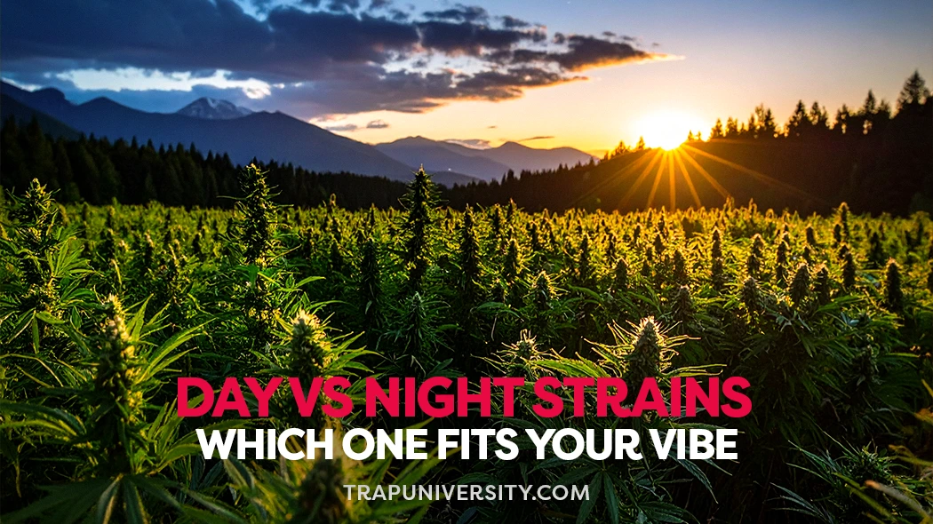 Sunset over a cannabis field representing daytime and nighttime strains.