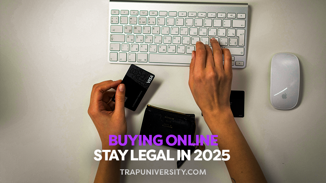 Hands holding a credit card and packaging near a keyboard showing how to stay compliant when buying THC online