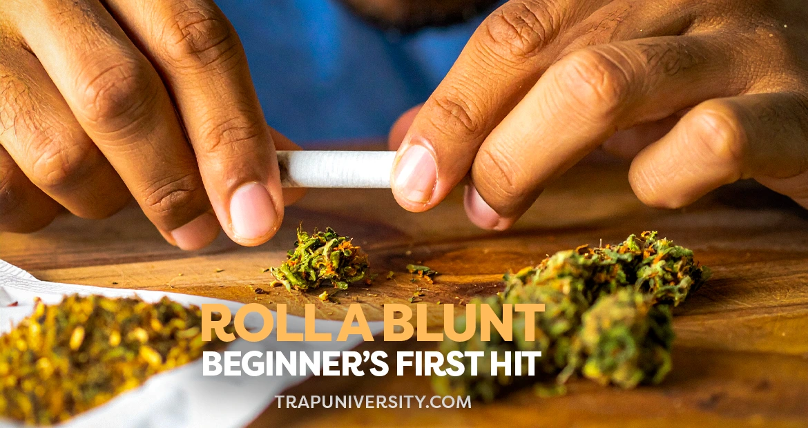 Hands breaking down flower and preparing a wrap while demonstrating how to roll a blunt