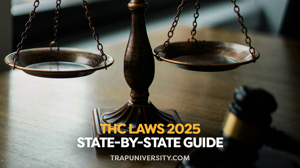 Judge’s scale and gavel on a wooden table representing the question is THC legal in my state in 2025