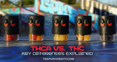 Trap University gummy containers lined up outdoors illustrating THCA vs THC key differences