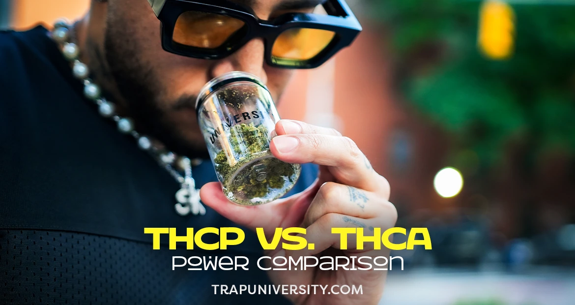 Man smelling a jar of flower while the graphic highlights THCP vs THCA differences