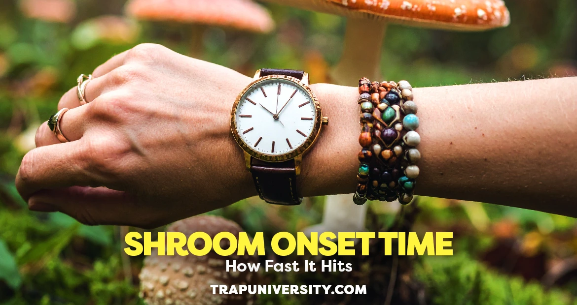 Person checking their watch in a mushroom forest while exploring how long does it take for shrooms to kick in