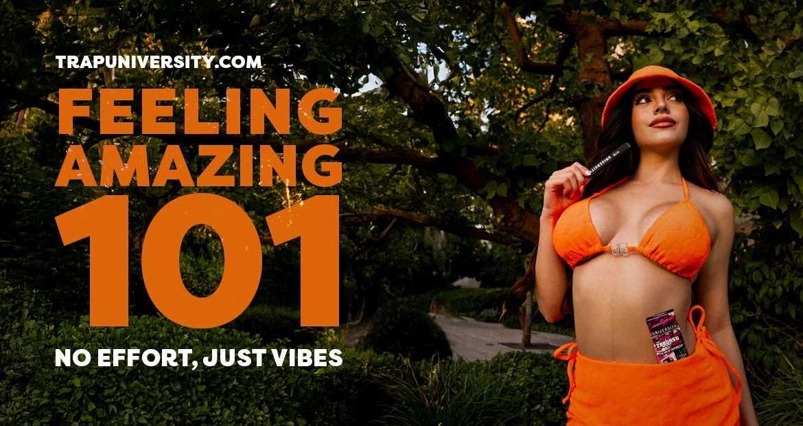 Woman in bright orange outfit holding a Trap University gummies pack in a lush green park with bold text Feeling Amazing 101