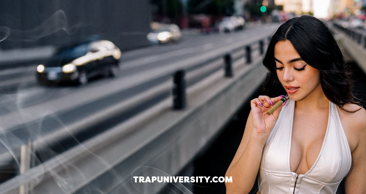 Woman using a vape beside a busy city road as she tries to slow down your mind after a long day
