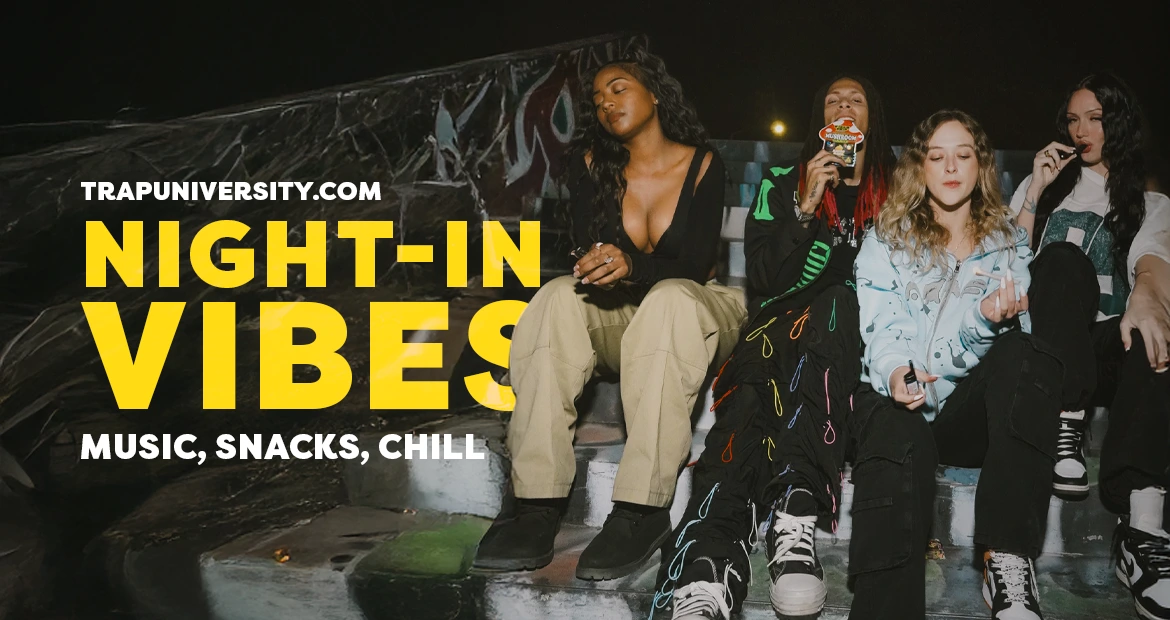 Friends chilling with music, snacks, and vibes for a good night in.