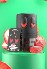Wild Strawberry HHC Premium Gummies jar with red cubes