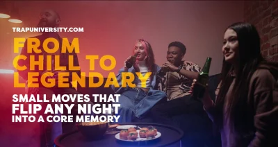 night time hangout with friends relaxing and having drinks in warm lighting