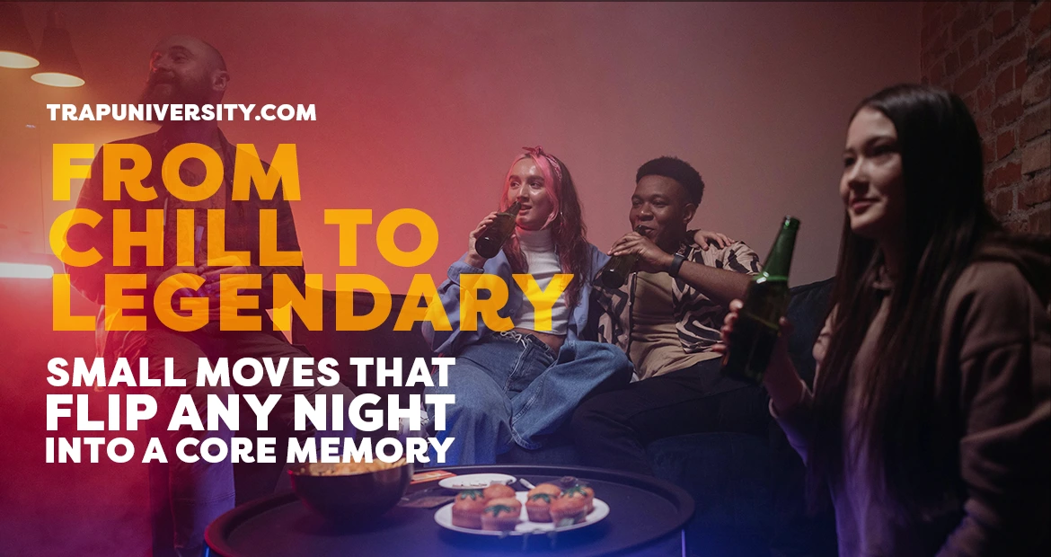 night time hangout with friends relaxing and having drinks in warm lighting