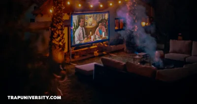 movie night outdoor cinema setup with smoke and warm lights