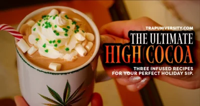 A mug of hot chocolate infused with cannabis on a cozy winter night. Title: How to Make Weed Hot Chocolate | Trap University