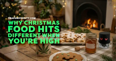 A cozy spread of Christmas food including cookies, cocoa and holiday dishes.