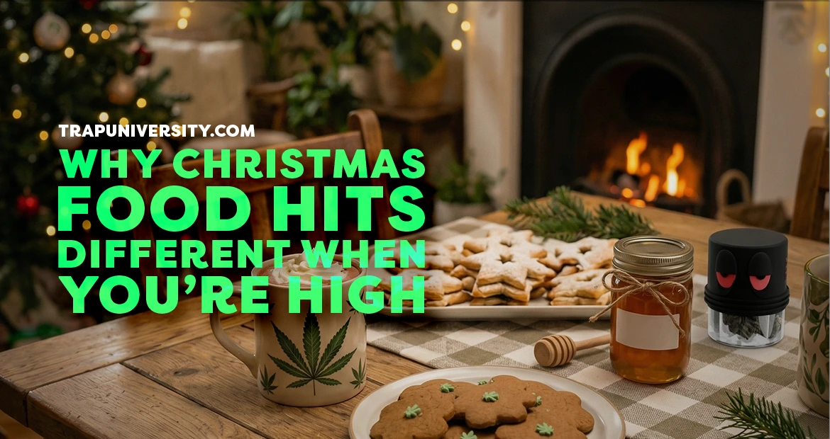 A cozy spread of Christmas food including cookies, cocoa and holiday dishes.