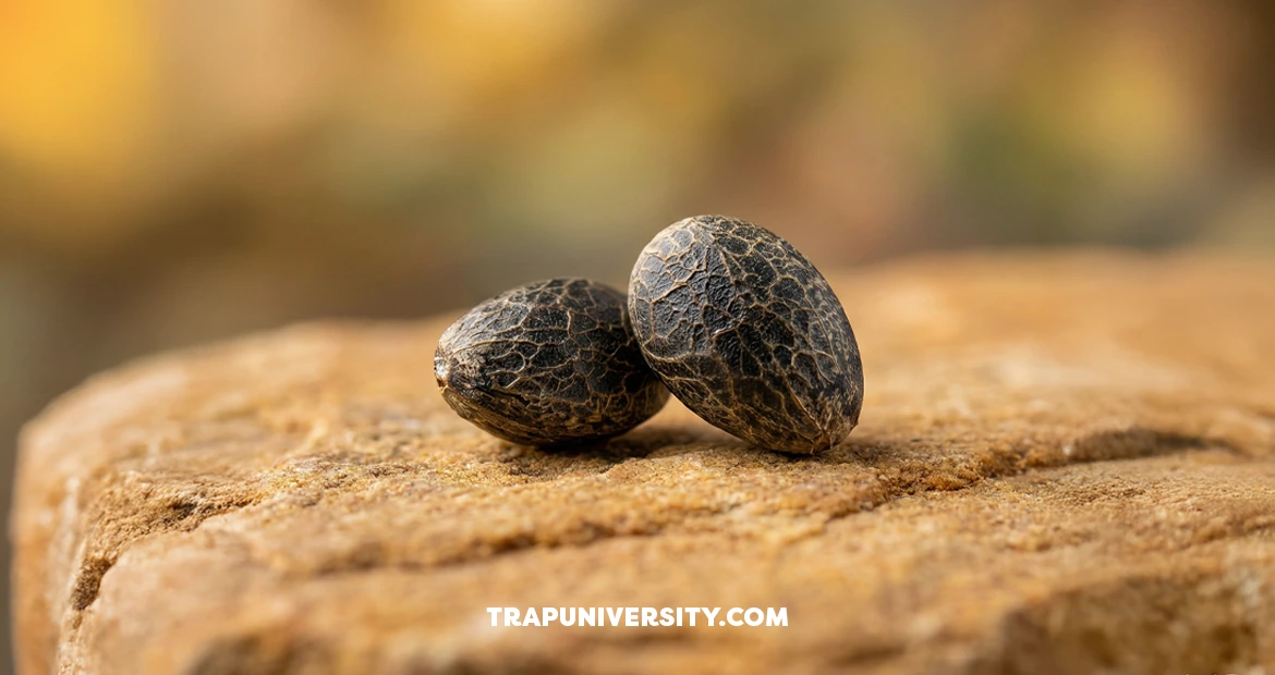 Growers Choice Seeds and Trap University feminized cannabis seeds displayed with seedlings in soil