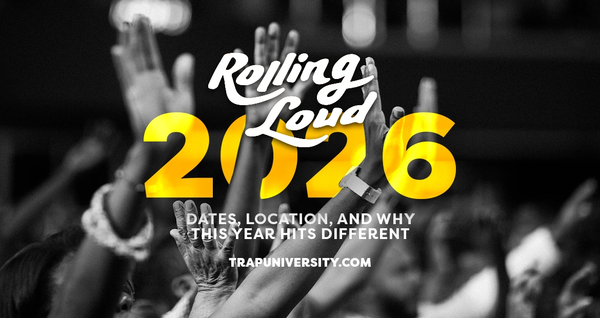 Rolling Loud 2026 festival crowd in Orlando with hands raised during live hip hop performance