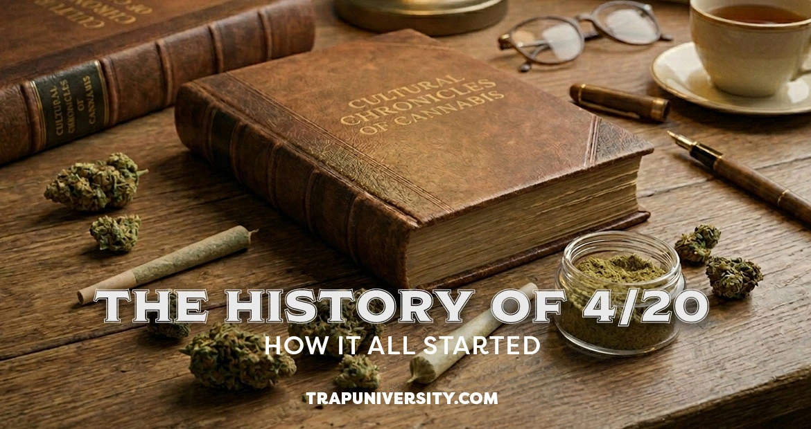 history of 420 cannabis culture book with pre rolls and flower on wooden table