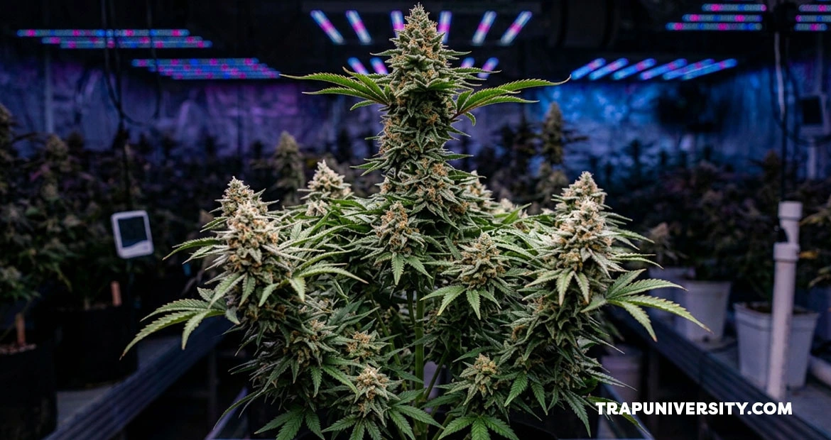 Exotic indoor cannabis flower growing under LED lights with dense buds and high trichome coverage